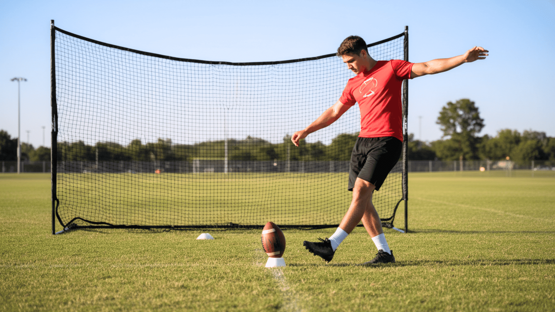 football kicker keeping the head down arms balanced and chest controlled during contact with the ball