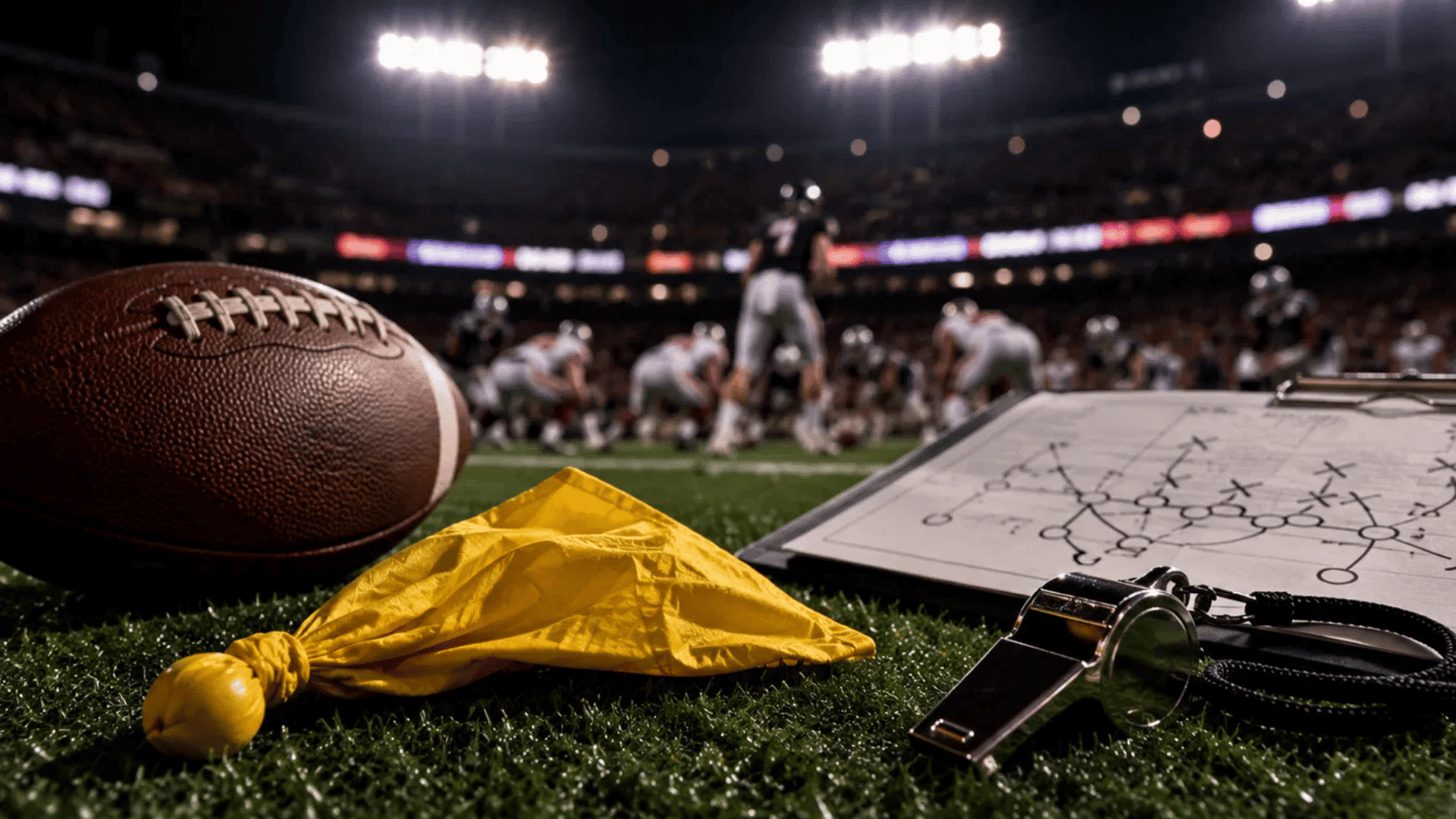 football penalty flag whistle and play diagram on turf with a game in the background