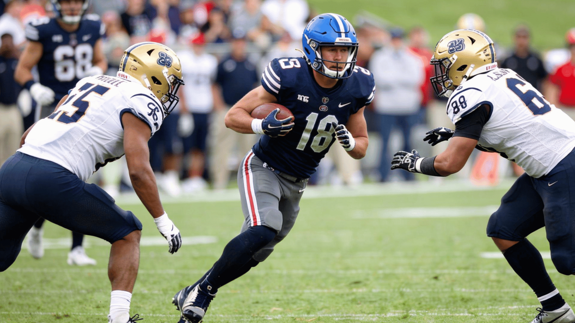 football player in a blue jersey runs with the ball while two opponents in white jerseys attempt to tackle him