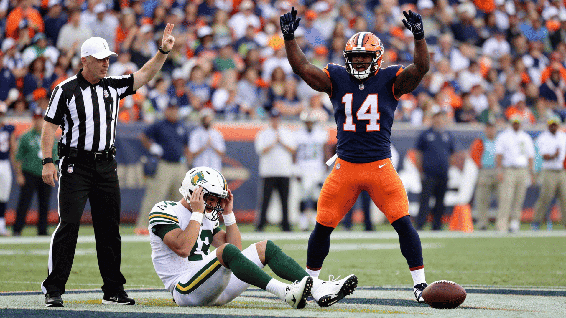 football player in a navy uniform with orange pants and the number 14 on his jersey celebrates