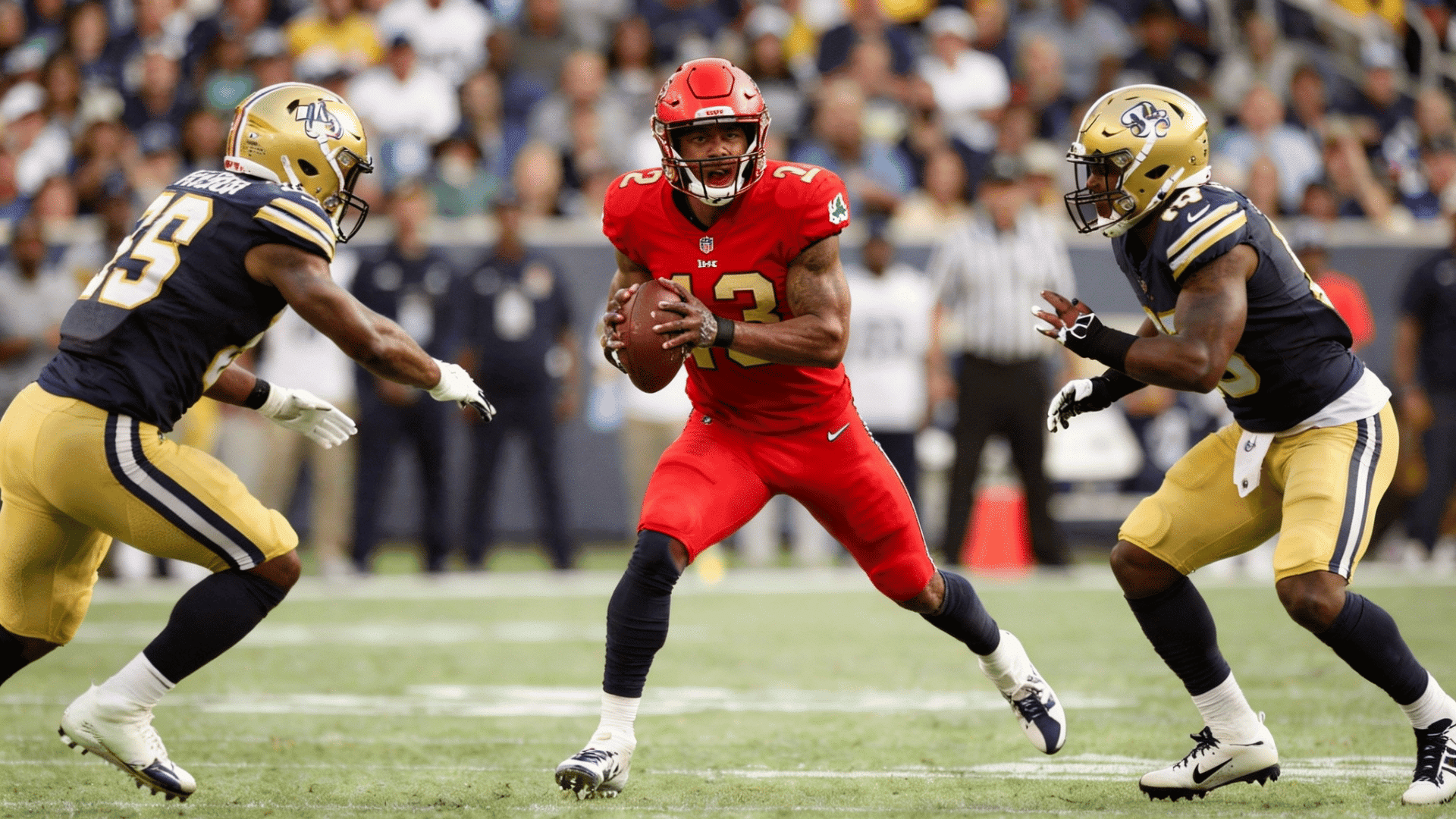 football player in a red uniform hold a football while two players in blue and gold uniforms defend him on the field