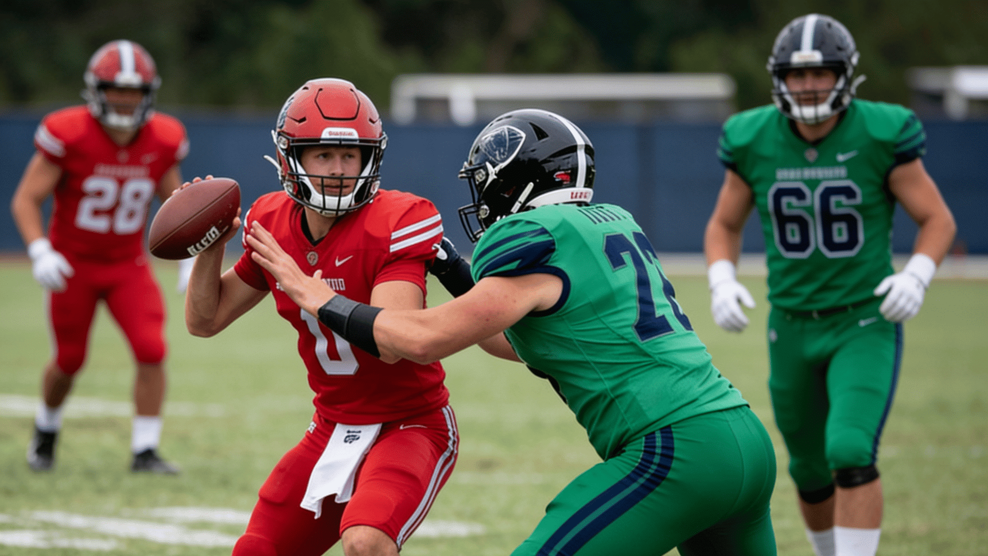 football player in a red uniform throws a pass as a player in a green uniform attempts to block him
