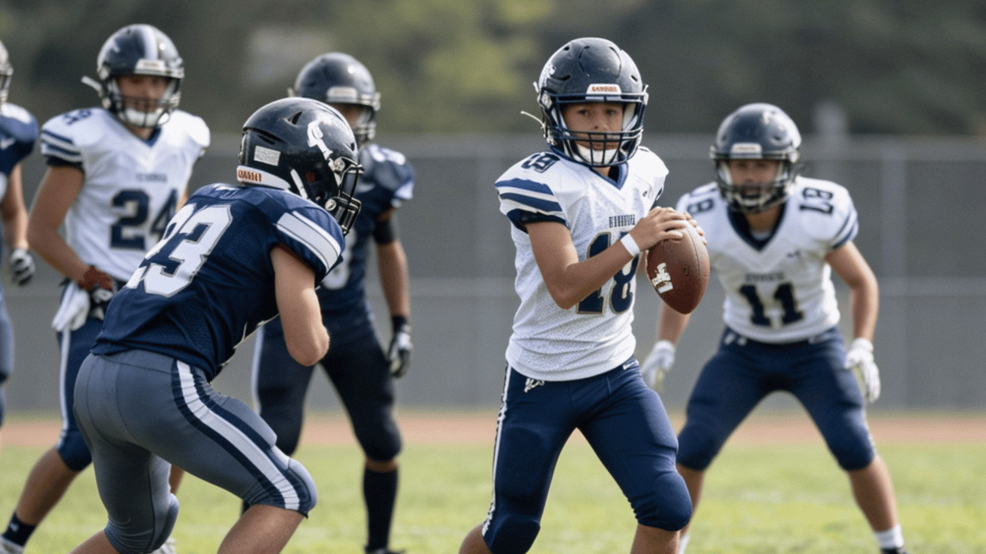 football player in a white jersey holds a football while other players in blue jerseys stand on a grassy field