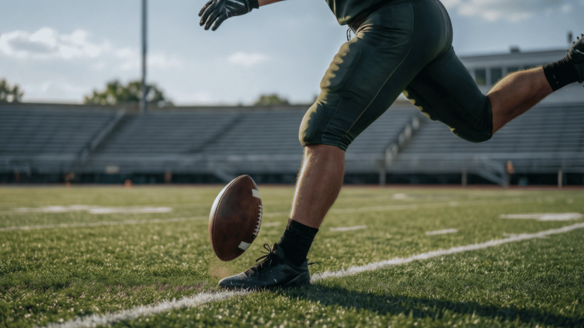 football player practicing a controlled punt on a sunny field with the ball dropping toward the kicking foot