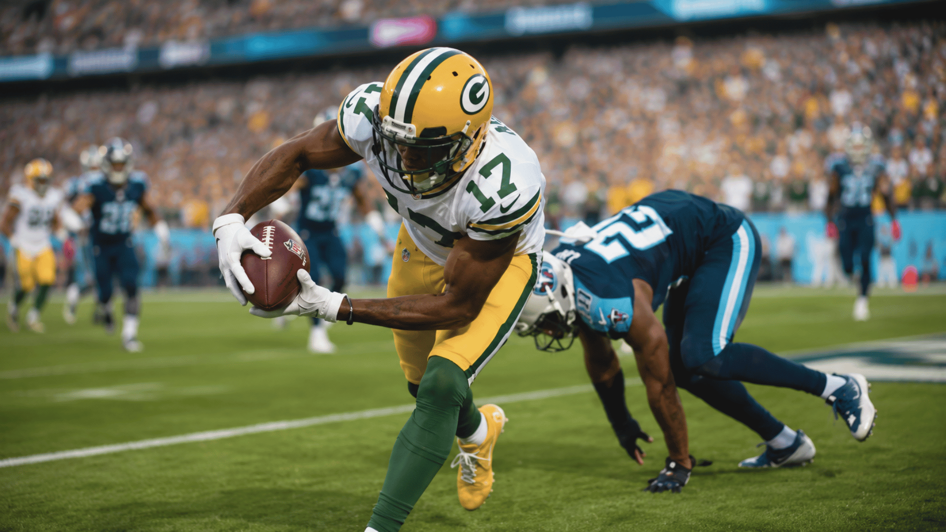 football player securing possession while avoiding a defender near the end zone