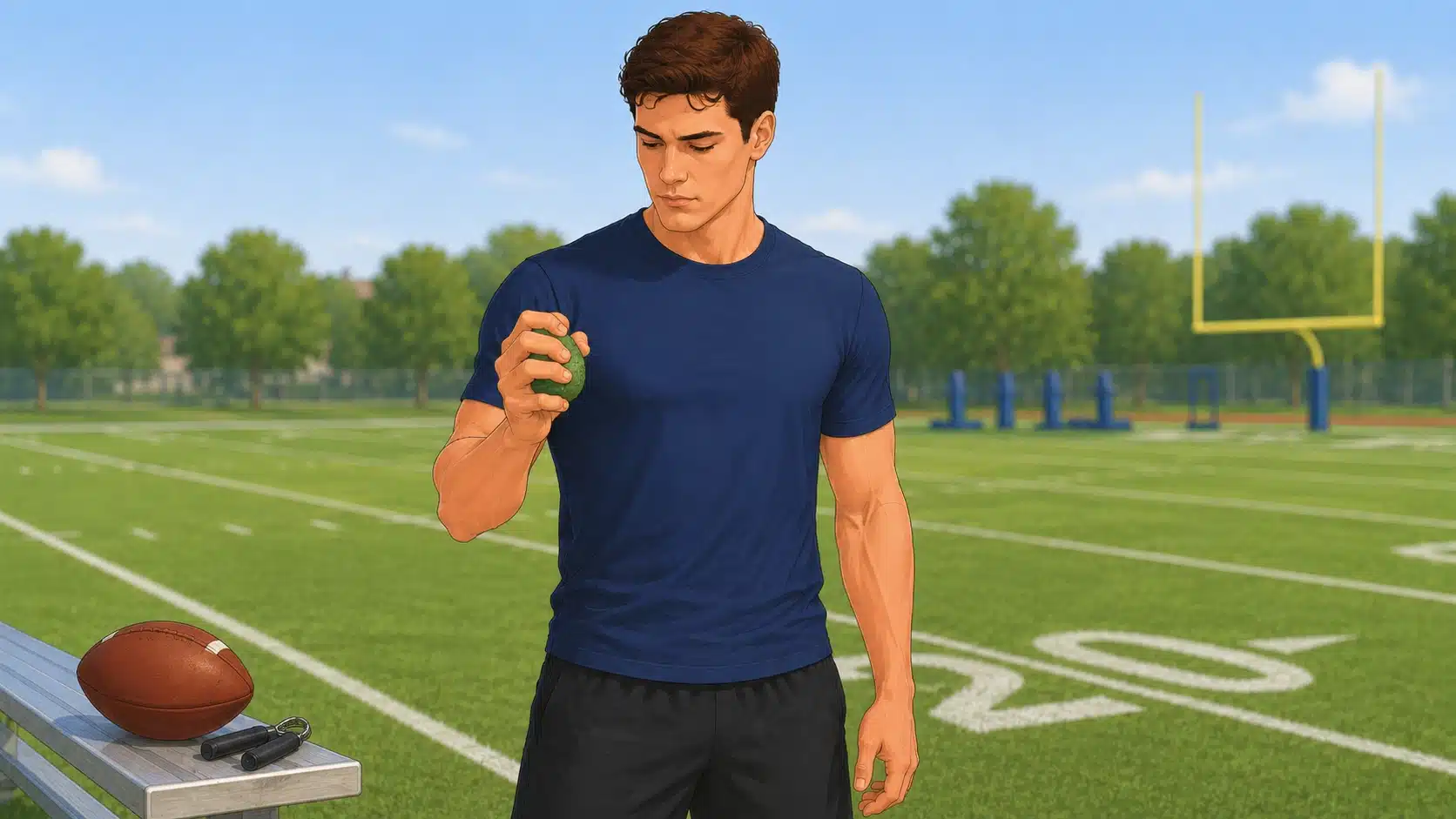 football player squeezing a green stress ball on the field with a football and hand gripper nearby