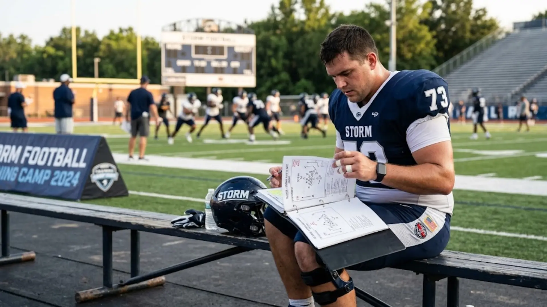 football player studies playbook diagrams while seated on bench during training camp