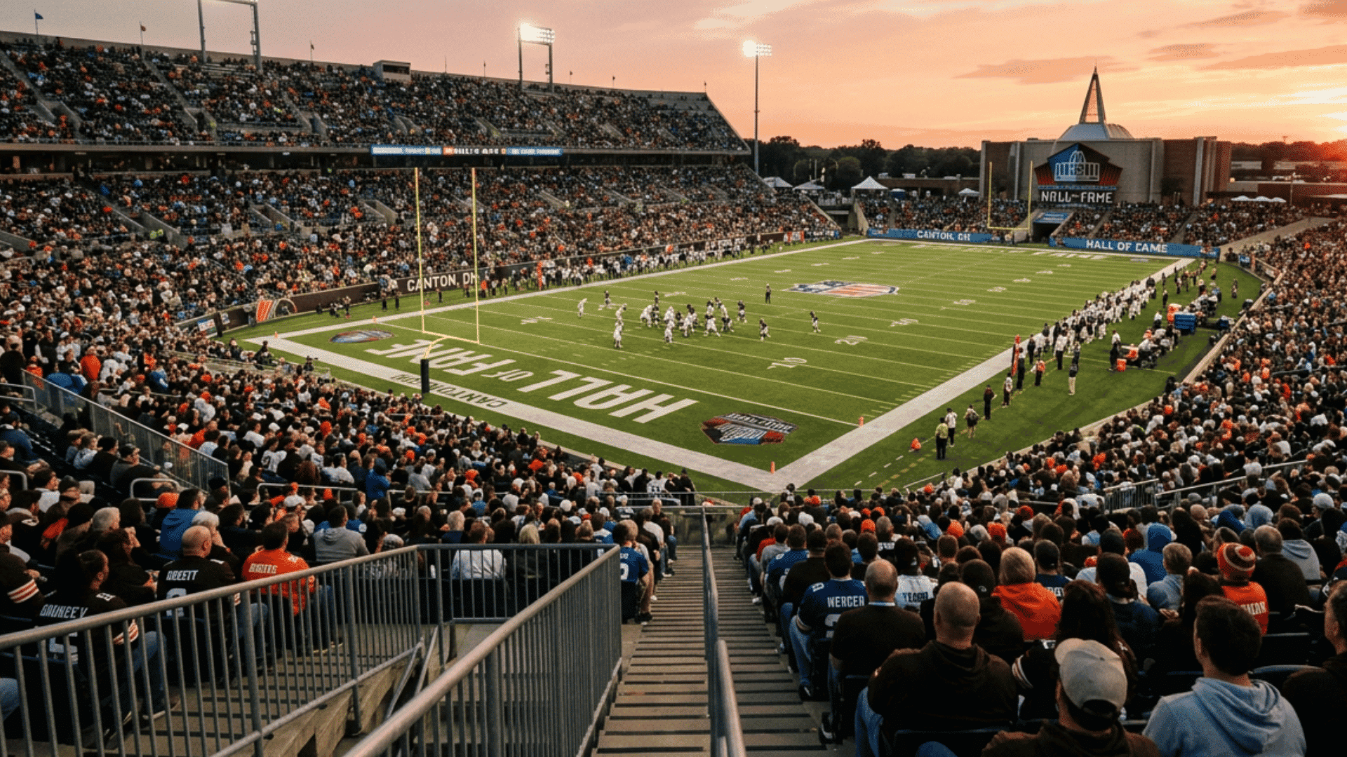 football players compete during a packed hall of fame game under bright stadium lights in canton ohio