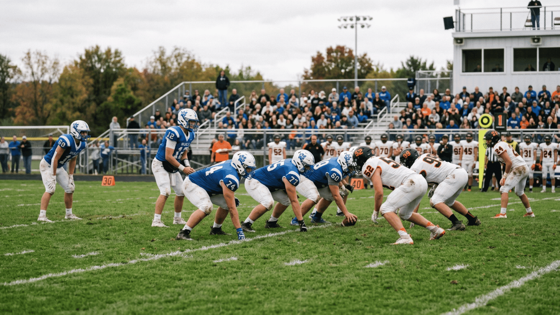 football players in blue and white line up at the snap on a grassy field as spectators watch from crowded bleachers