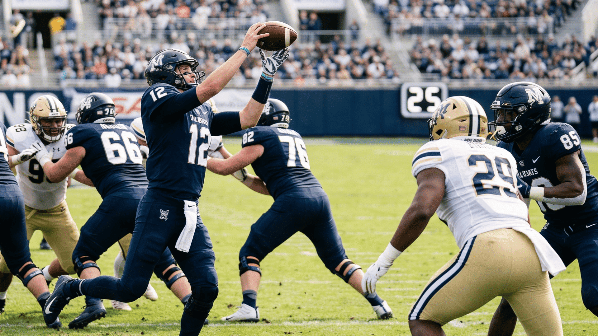 football quarterback in navy uniform holds the ball as blockers protect him and teammates run on a crowded field