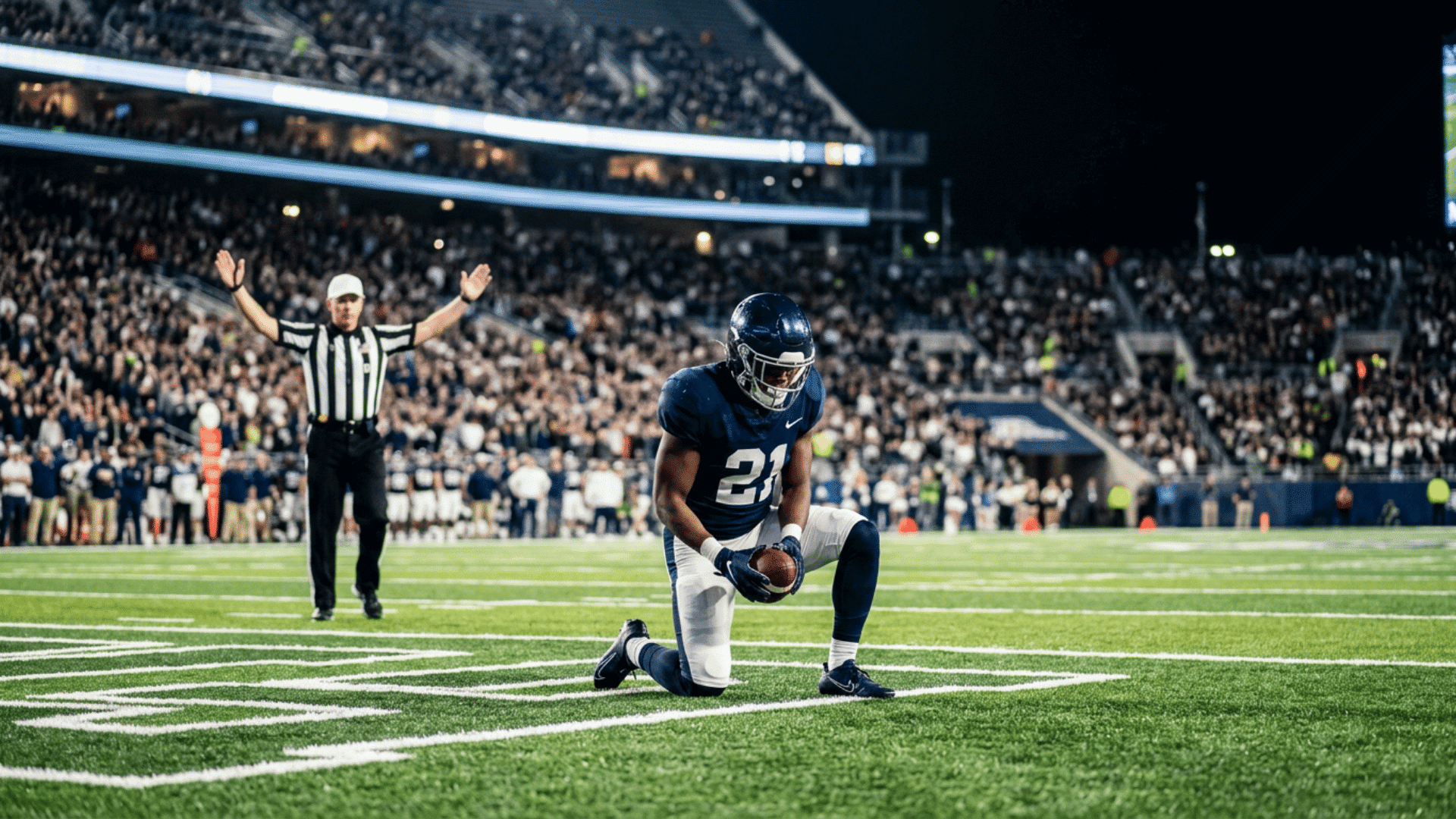 football returner kneeling in the end zone for a touchback during a kickoff