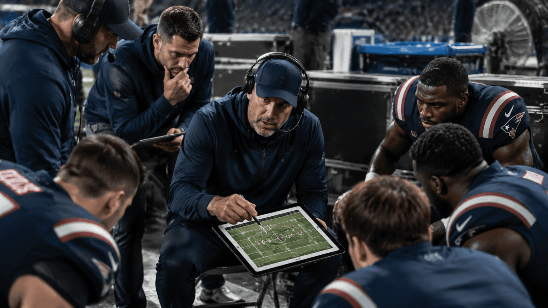 football coaches reviewing strategy on sideline using tablet while players gather around during halftime discussion