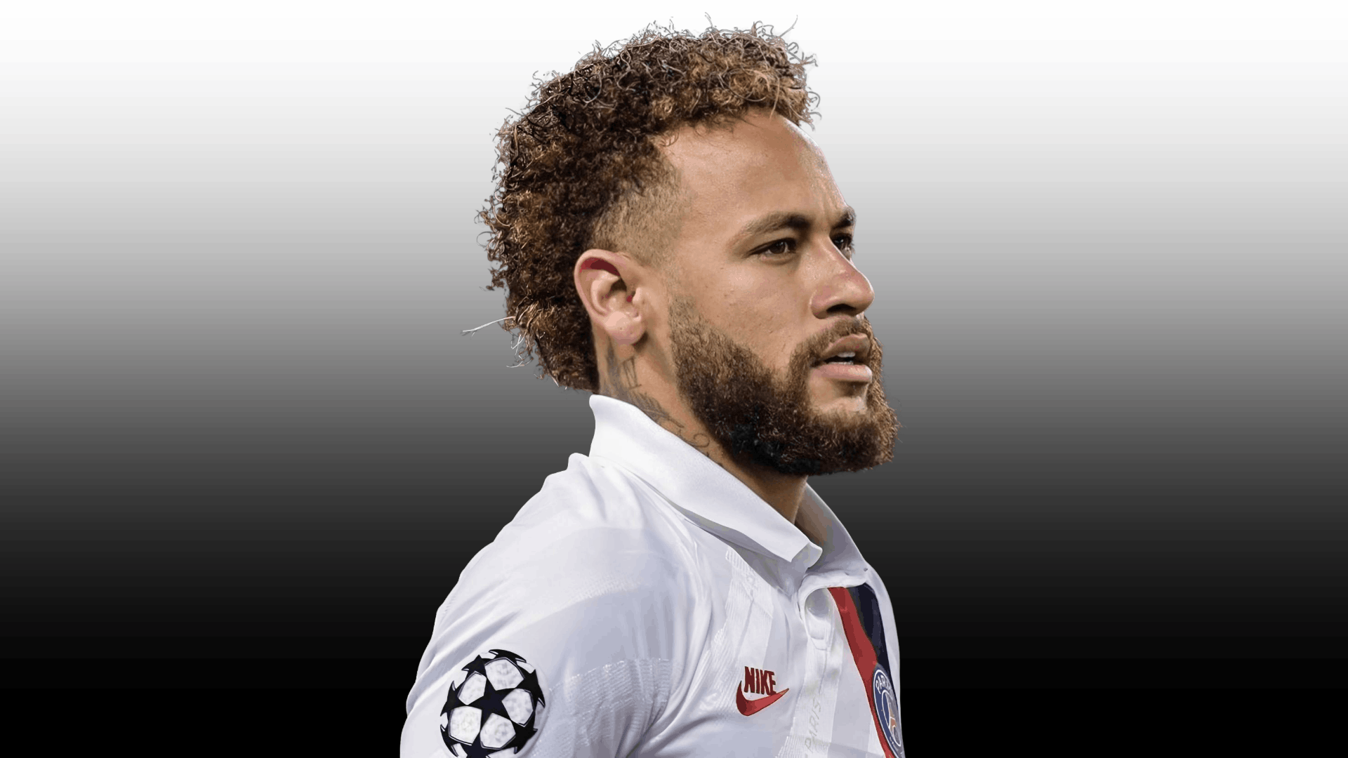 footballer with curly mohawk fade and beard wearing a white jersey against a dark gradient background