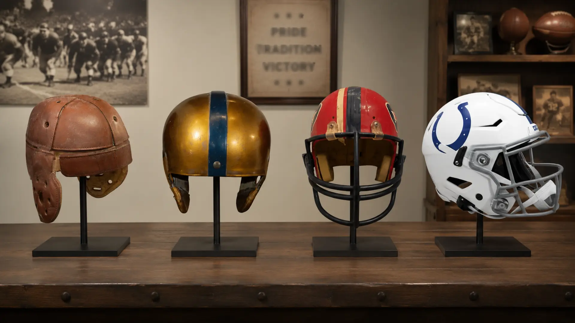 four football helmets displayed on stands showing evolution from leather to modern colts helmet design