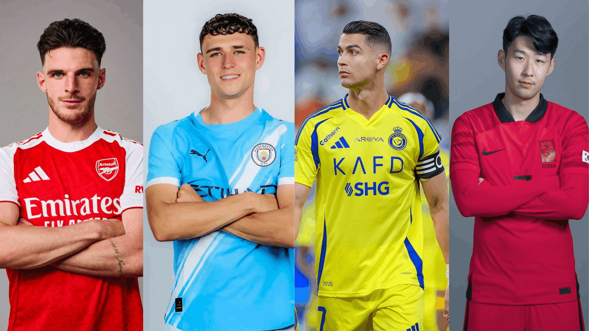 four soccer players posing in team jerseys with trendy short fades curls slick back and side part hairstyles