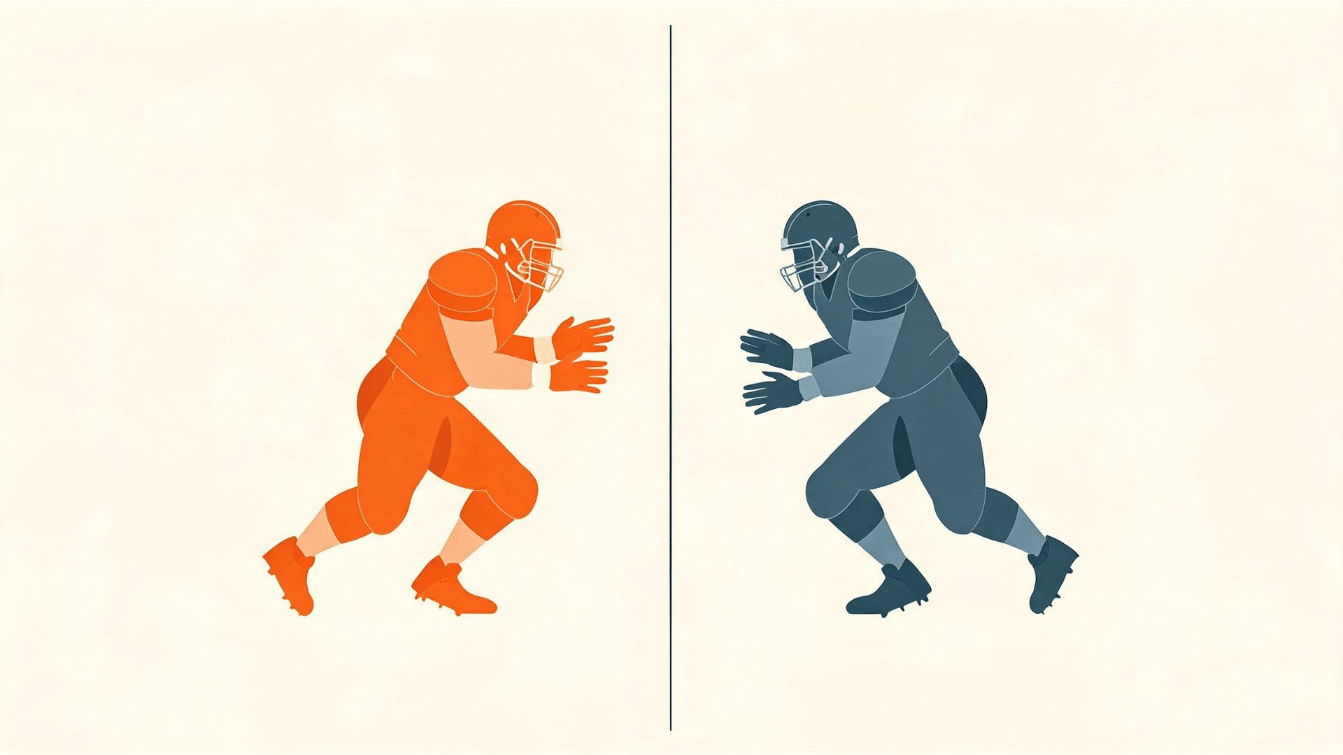 graphic illustration of two football players one in orange and one in green facing each other on the field