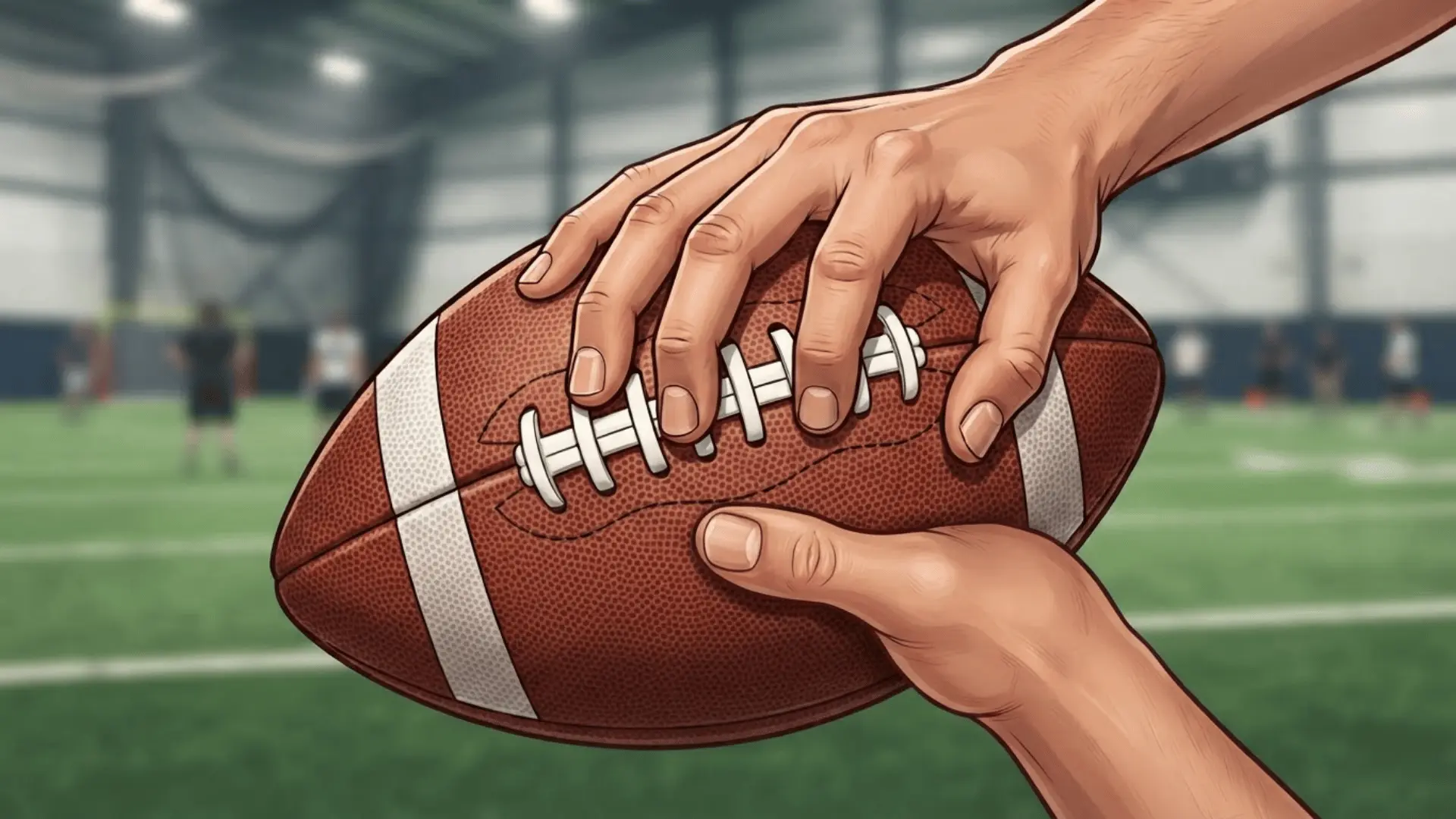 two hands grip a football by the laces in a close view on an indoor football practice field