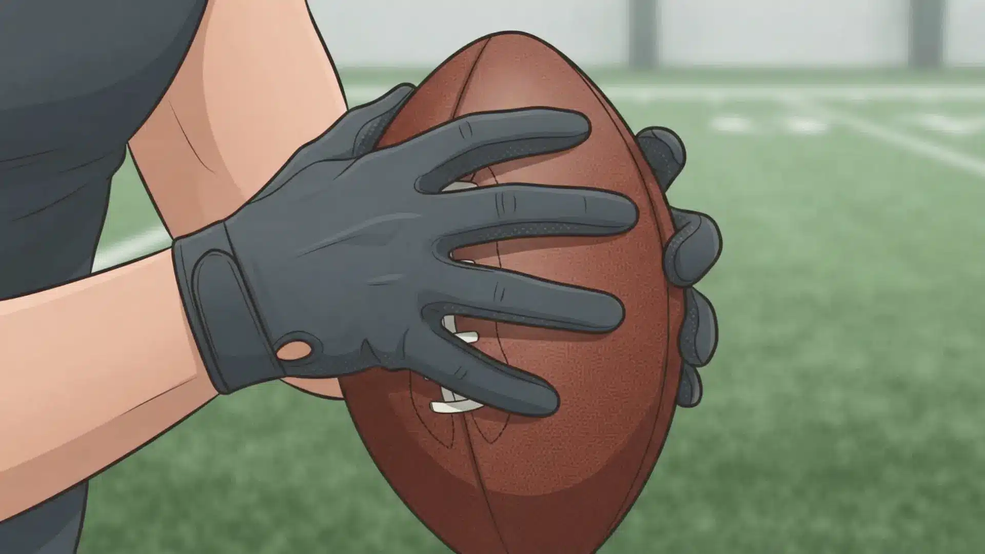 a player wearing a black glove grips a football close to the chest on a blurred indoor field