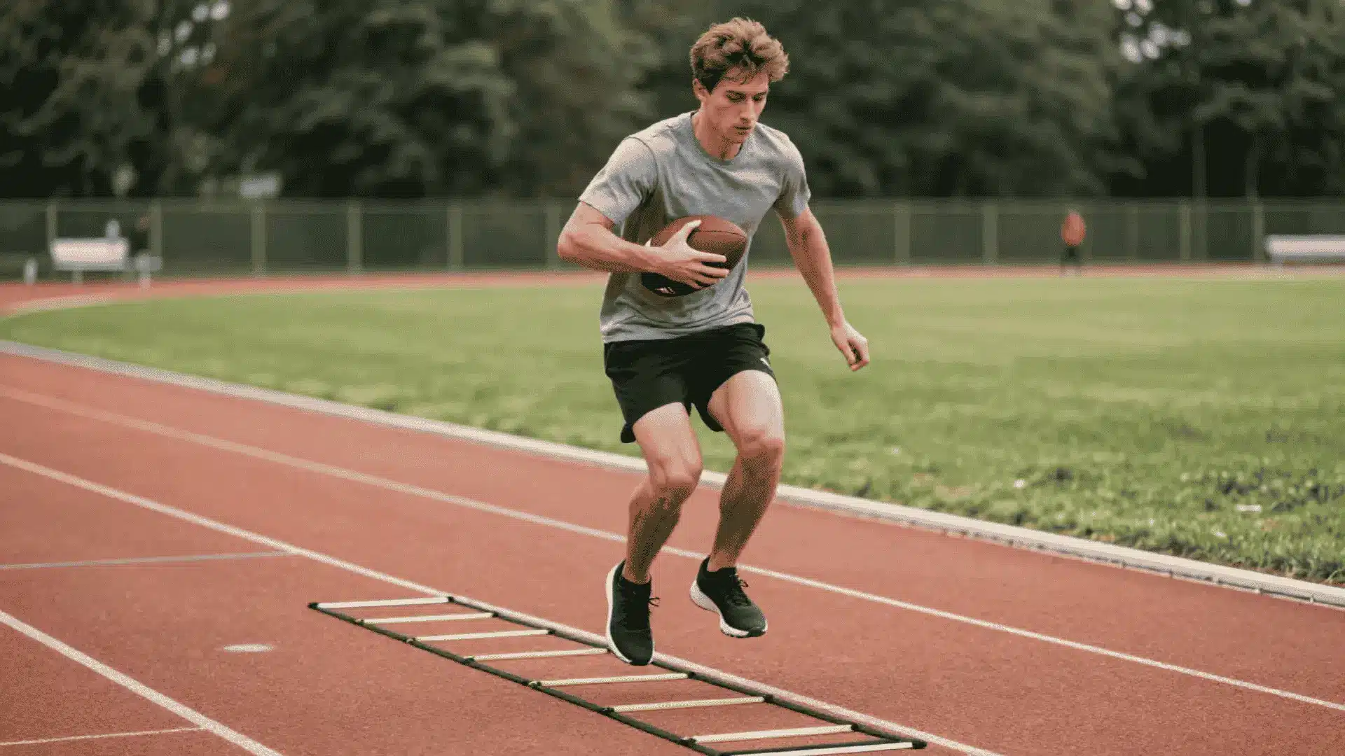 football player jumping through an agility ladder while holding a ball during speed and footwork training
