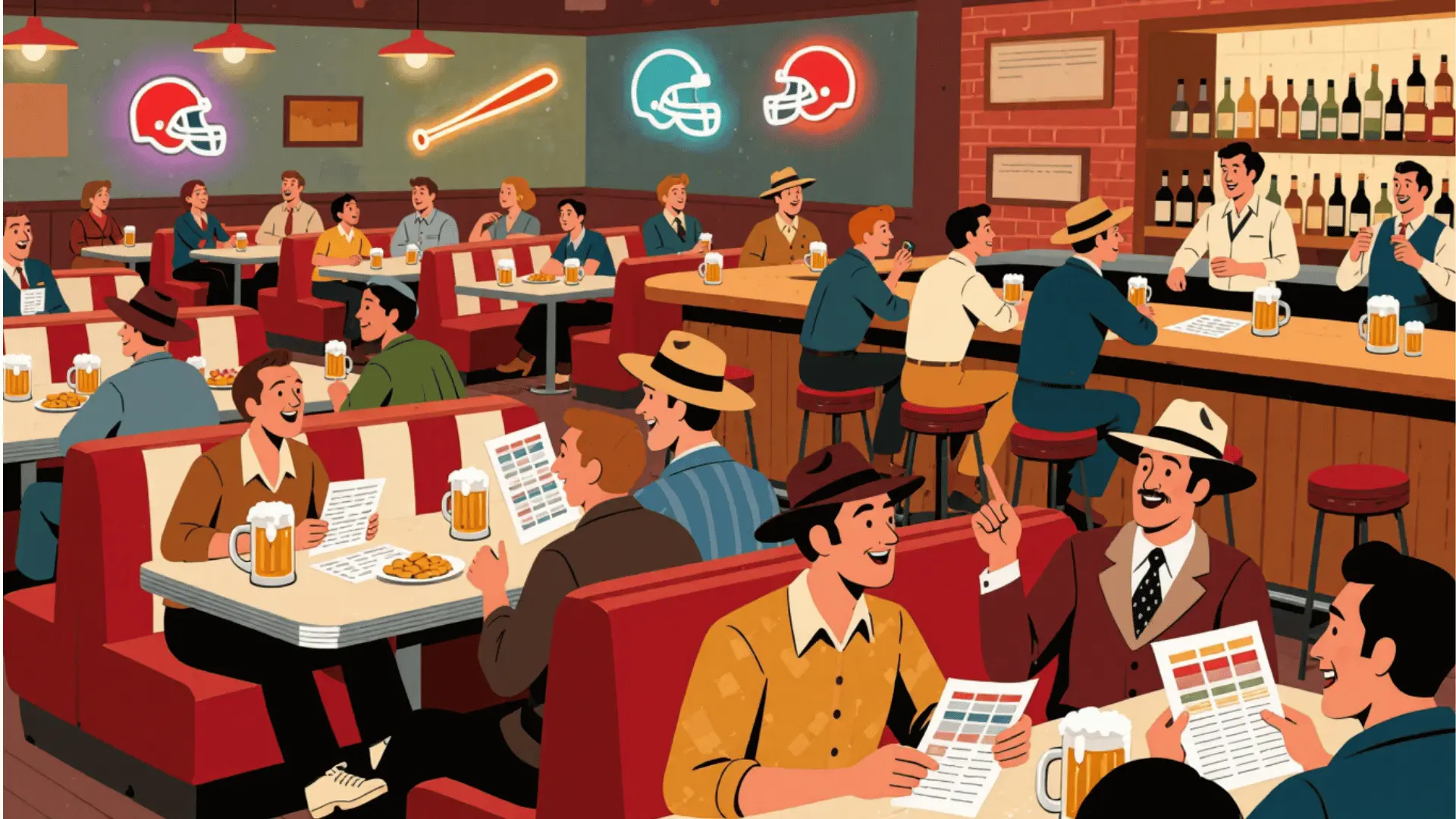 lively retro american sports bar with patrons talking and looking at printed papers
