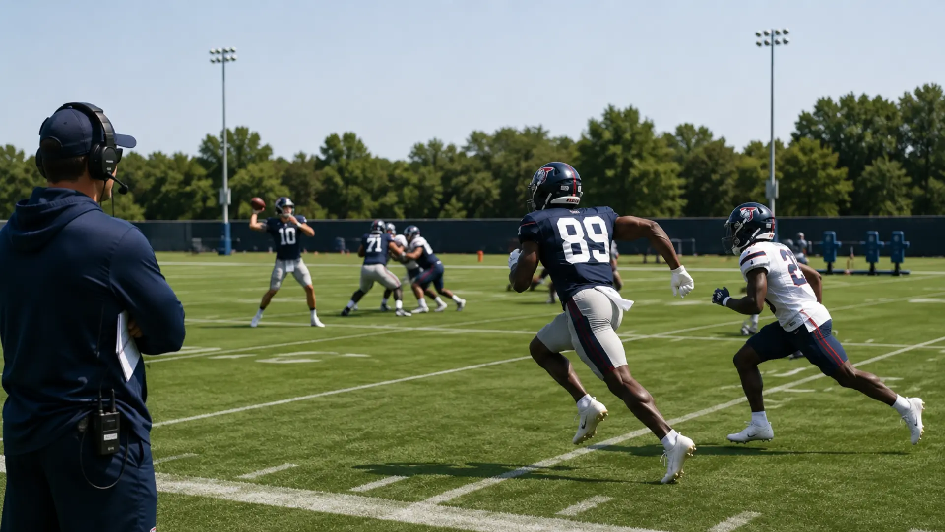coach watches as receiver runs a go route with defender trailing during football practice on an outdoor field