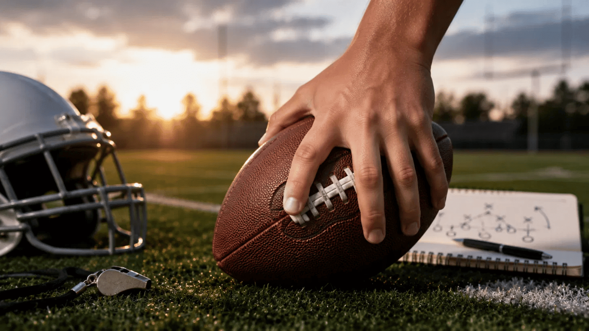 how to grip a football the right way header with a hand gripping a ball at sunset
