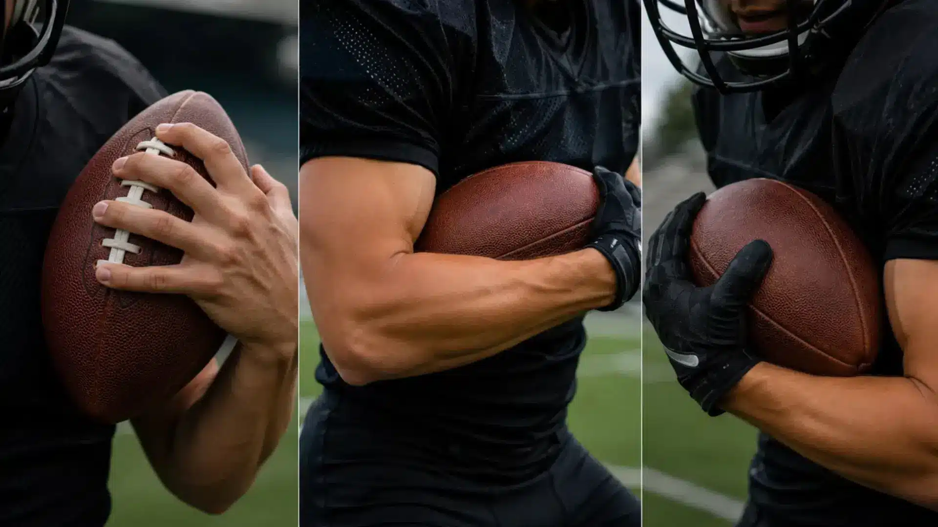 three angles of a player carrying a football tucked tightly against his body and arm