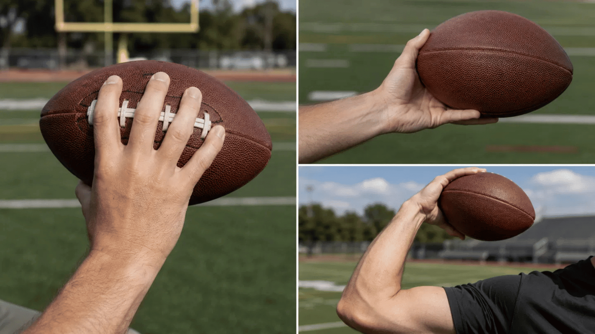 three angles of a hand gripping a football with fingers on the laces in a throwing position