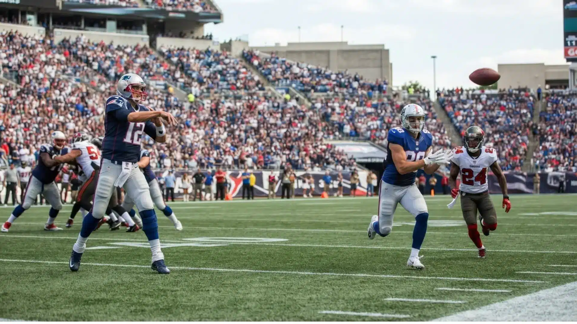 receiver runs a go route near the sideline as quarterback and coach watch the play develop