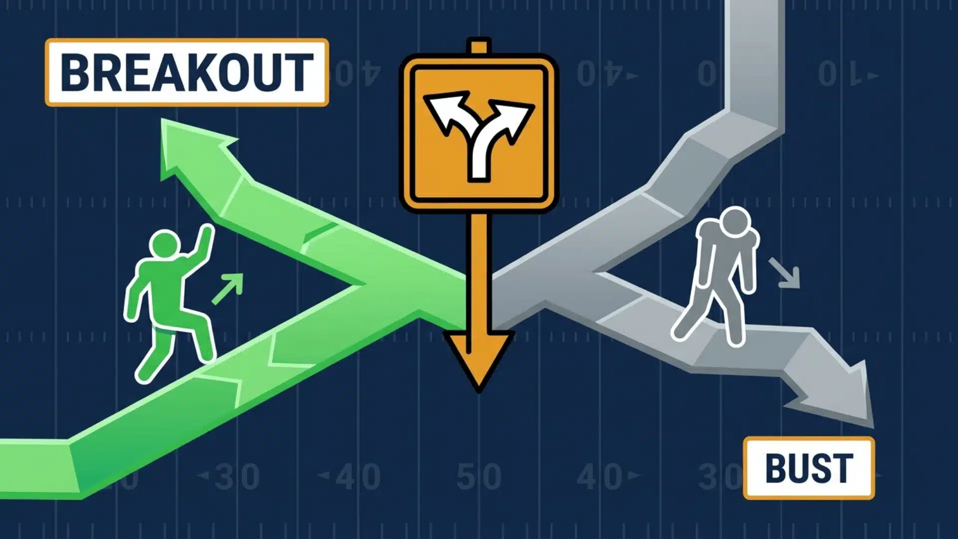 flat vector graphic of a forked path showing a player breakout versus a bust trend