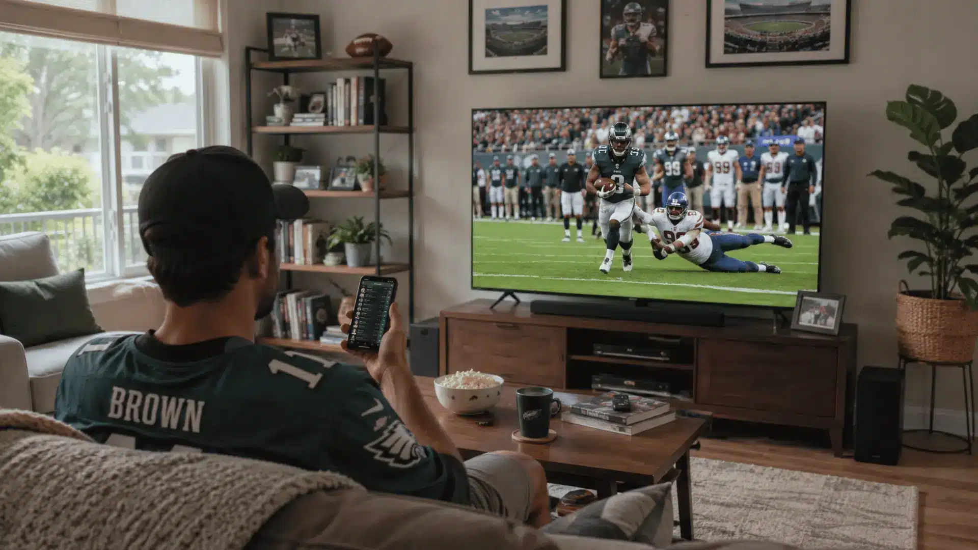 fantasy football manager watches a live defensive play while checking d/st scoring on a phone