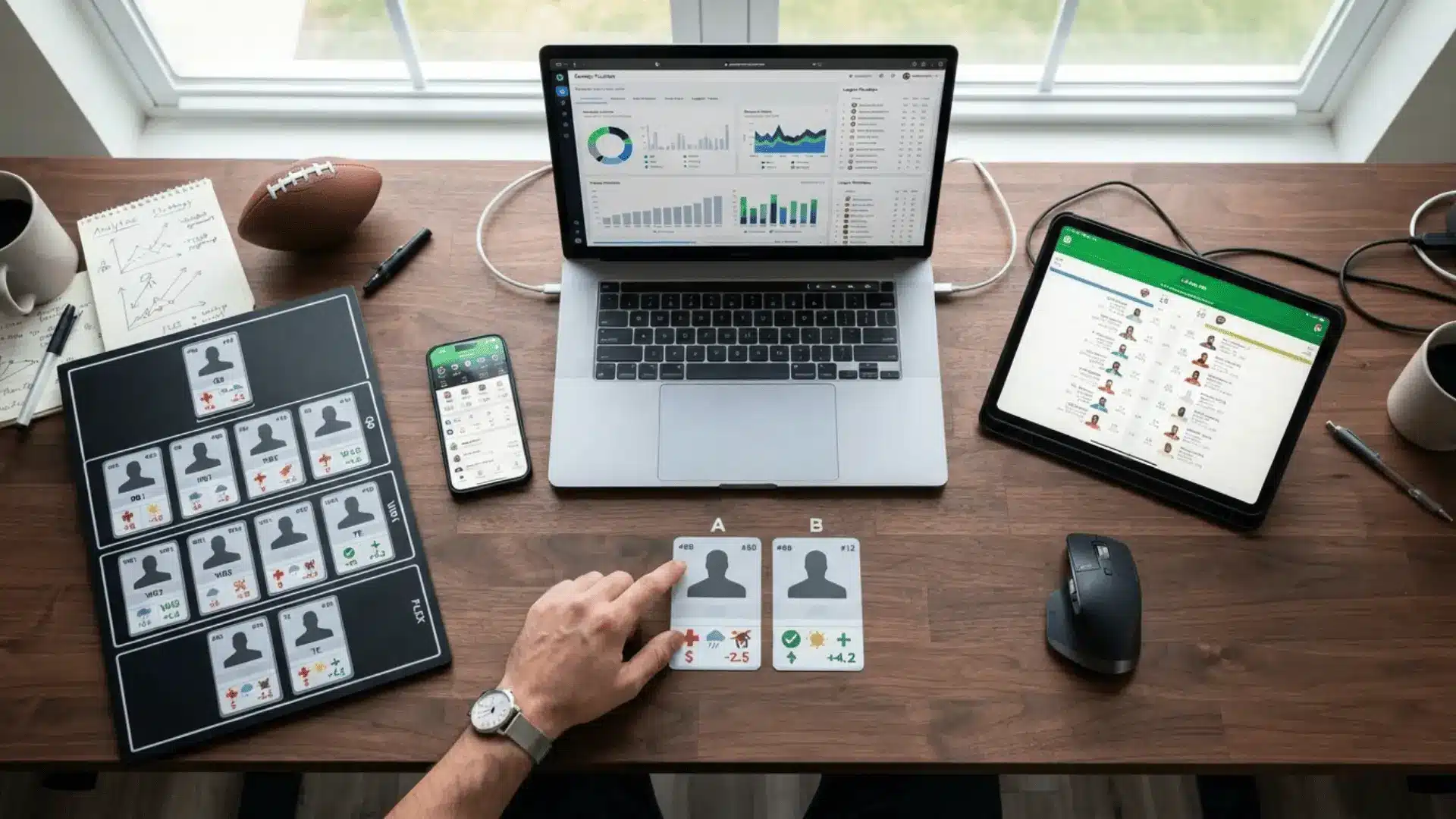 a hand compares fantasy football player cards beside a laptop tablet phone notebook and football on a wooden desk