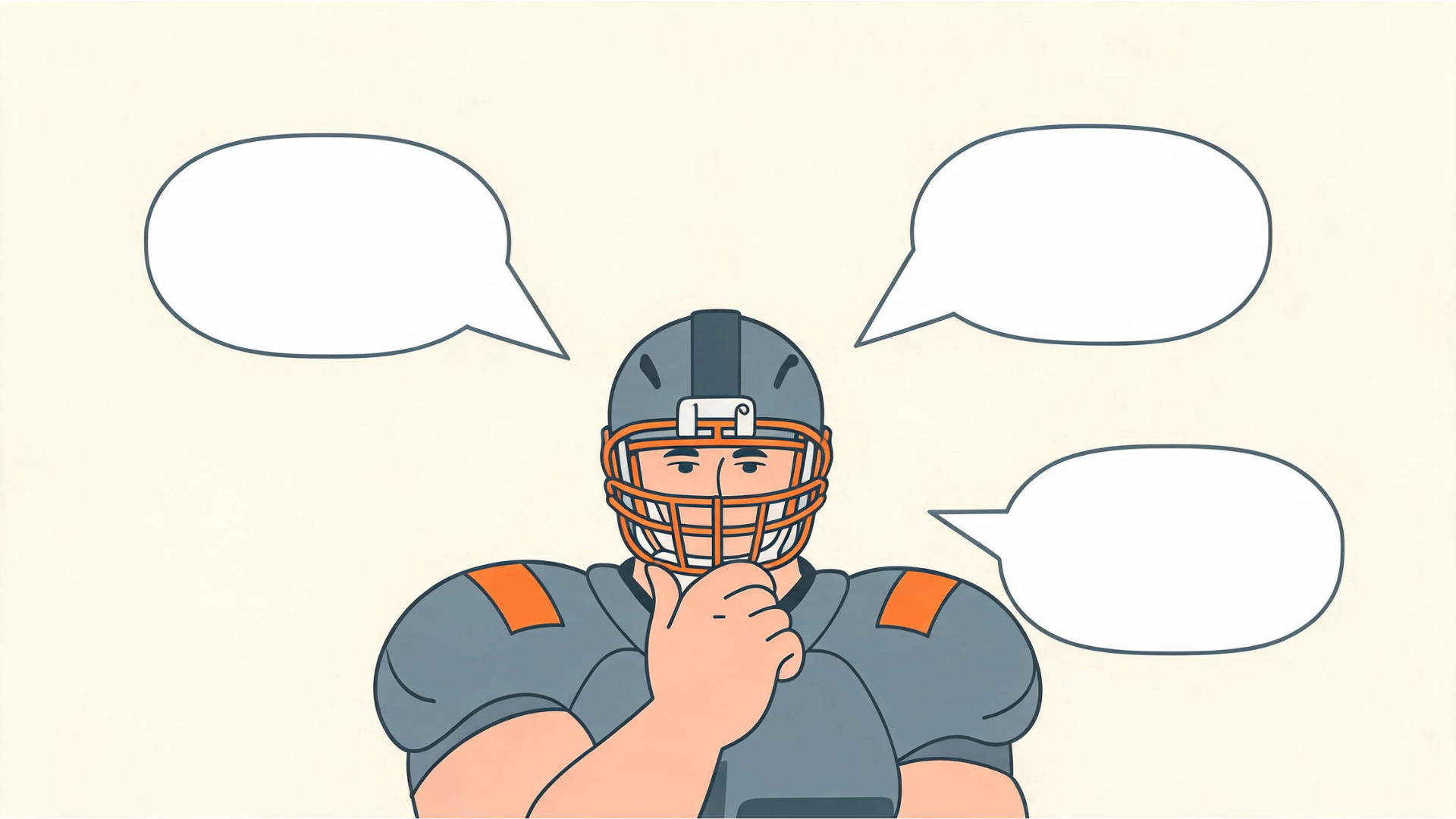 illustration of a thinking football player wearing a helmet surrounded by three blank speech bubbles