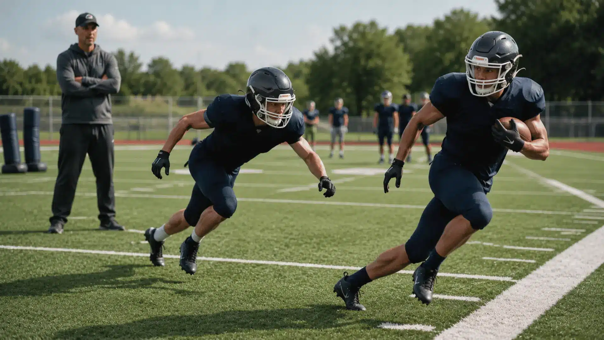 defender tracking a ball carrier at a smart pursuit angle near the sideline during football practice