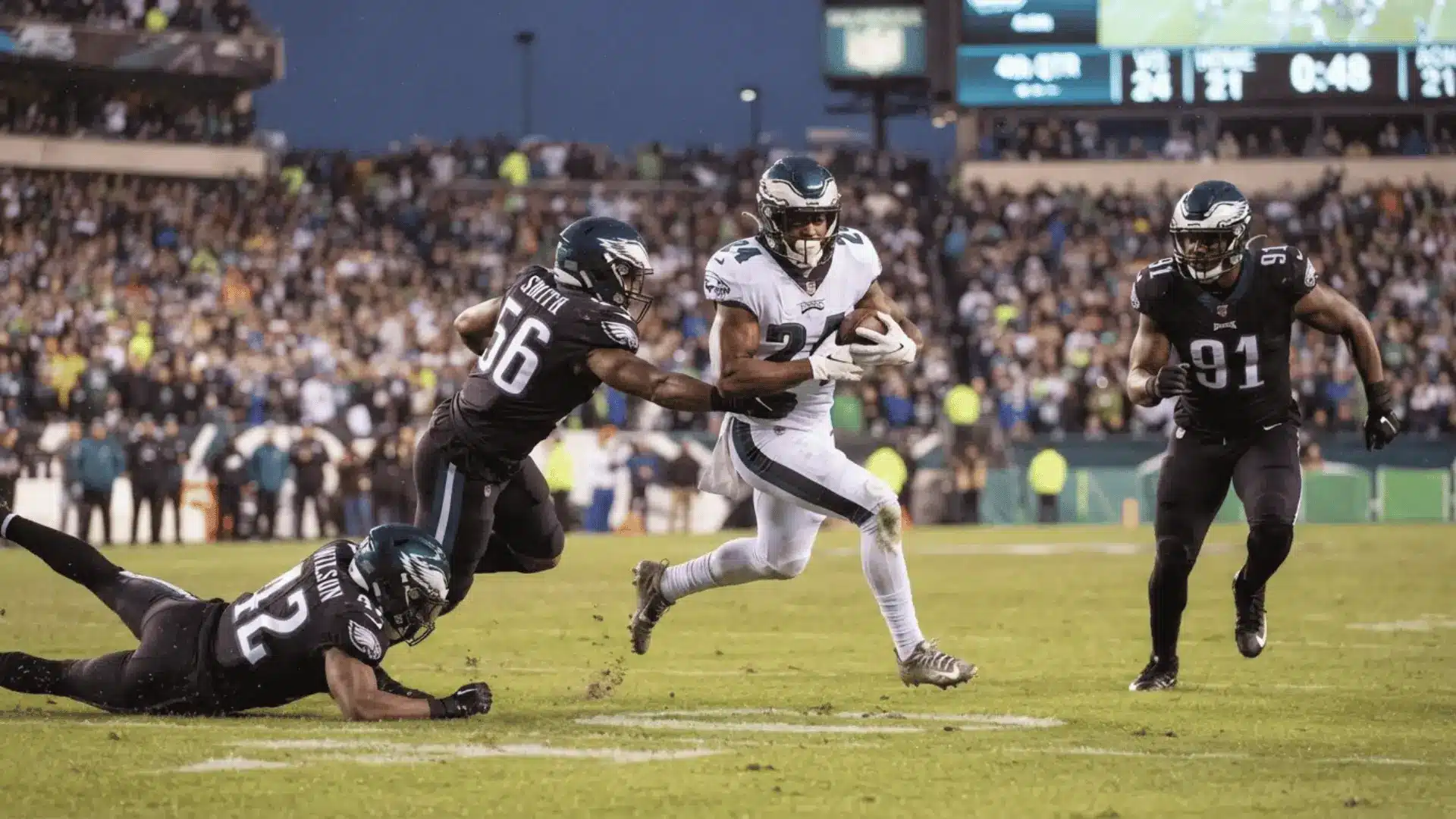football runner in white breaks past defenders in black during tense night game on a crowded stadium field run