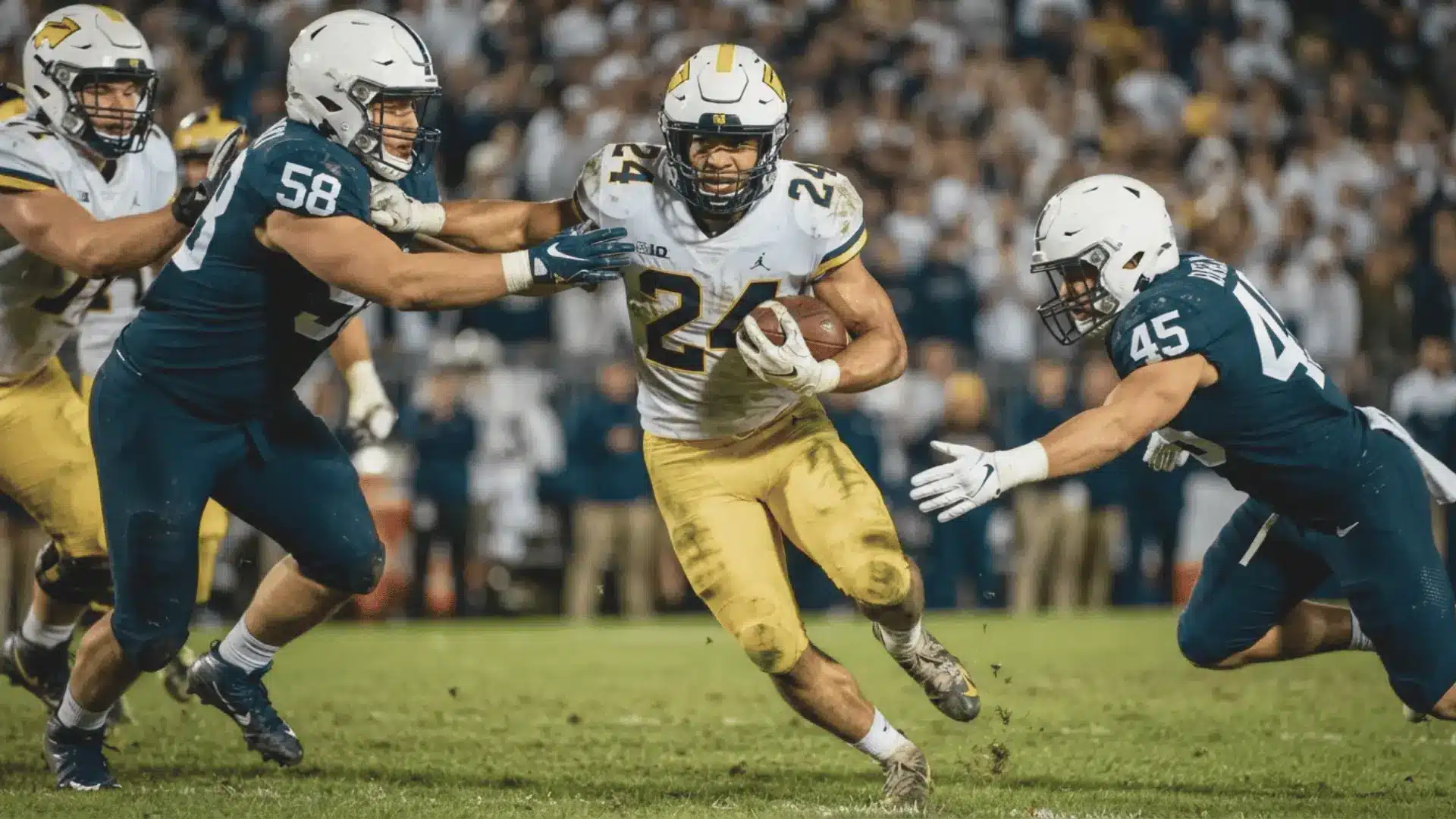 d/st defender closes in as a ball carrier cuts through traffic during a fast football play on the field