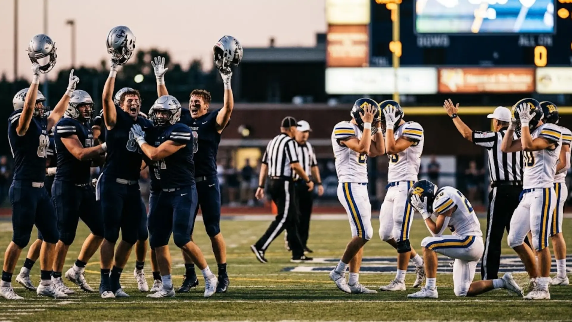 players in dark jerseys celebrate victory as opposing team in white reacts with disappointment