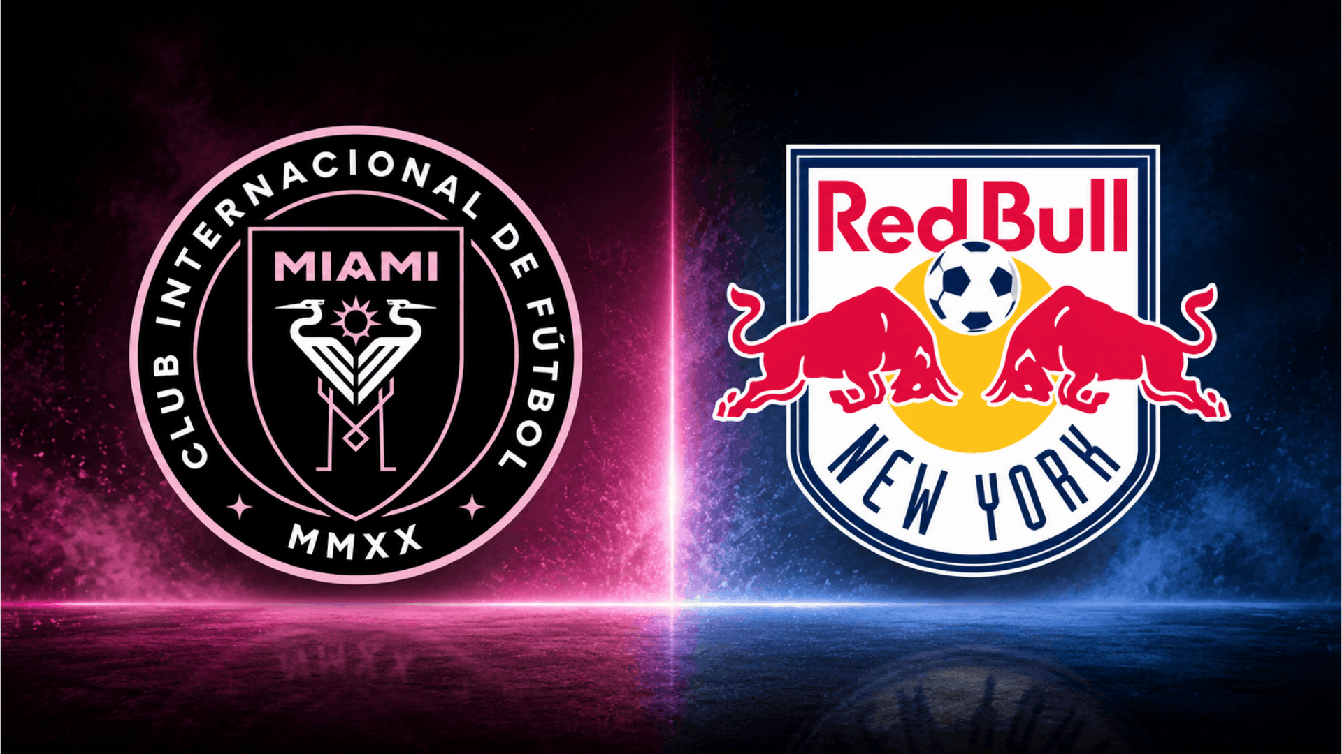 inter miami and new york red bulls logos side by side with vs text on a bright soccer stadium background