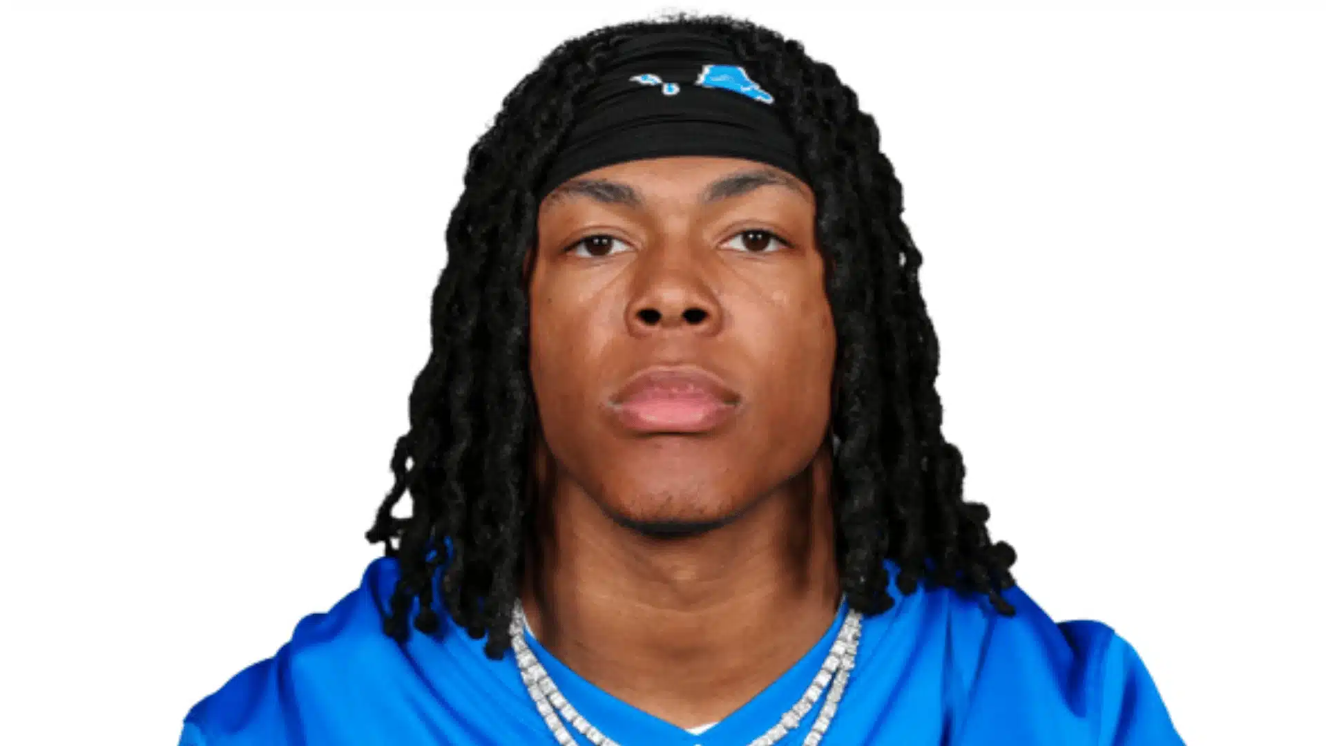nfl headshot of detroit lions running back jahmyr gibbs wearing a blue jersey and headband