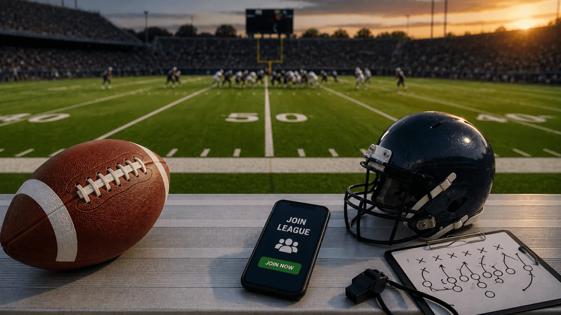 join a dynasty fantasy football league with phone helmet and play chart on a stadium bench