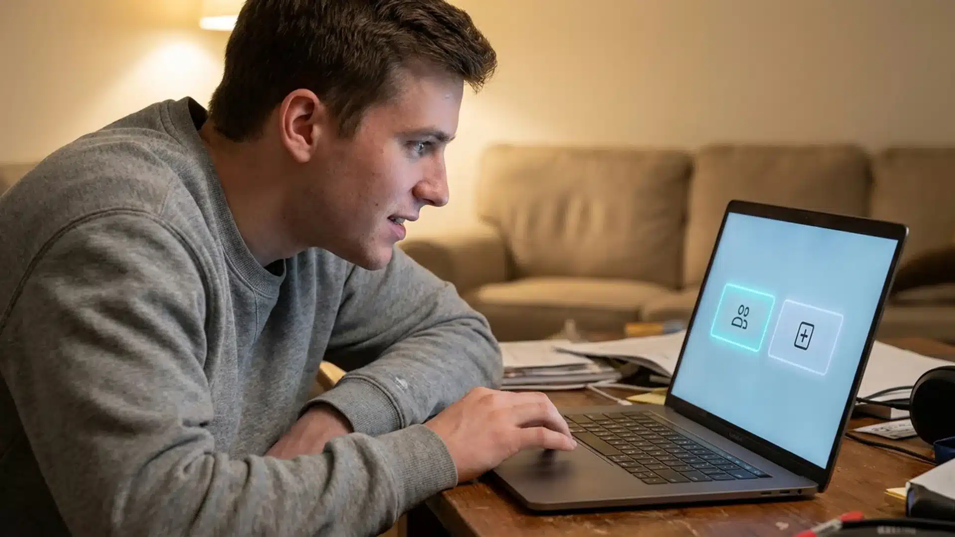 man deciding to join or create a fantasy football league while typing on a laptop
