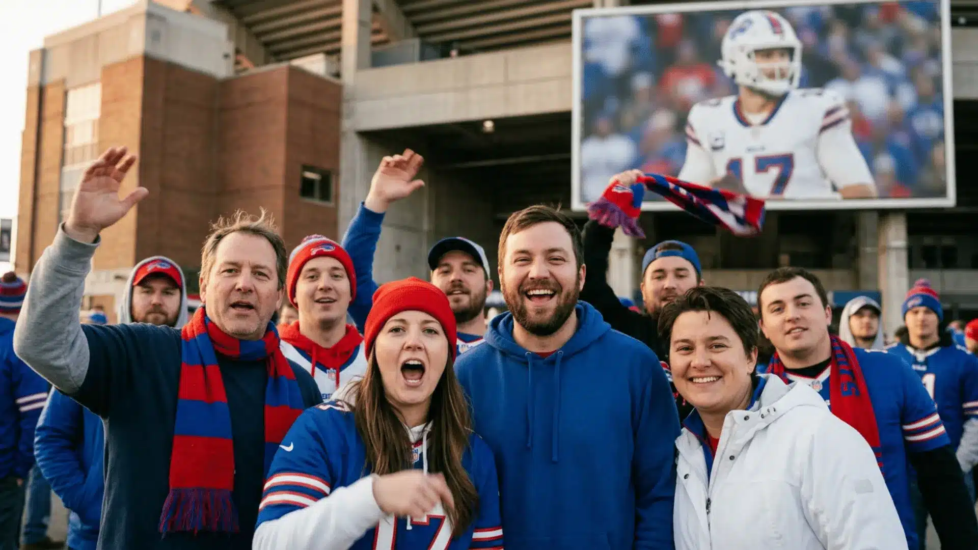 buffalo football fans in red white and blue cheering outside a stadium with a josh allen billboard behind
