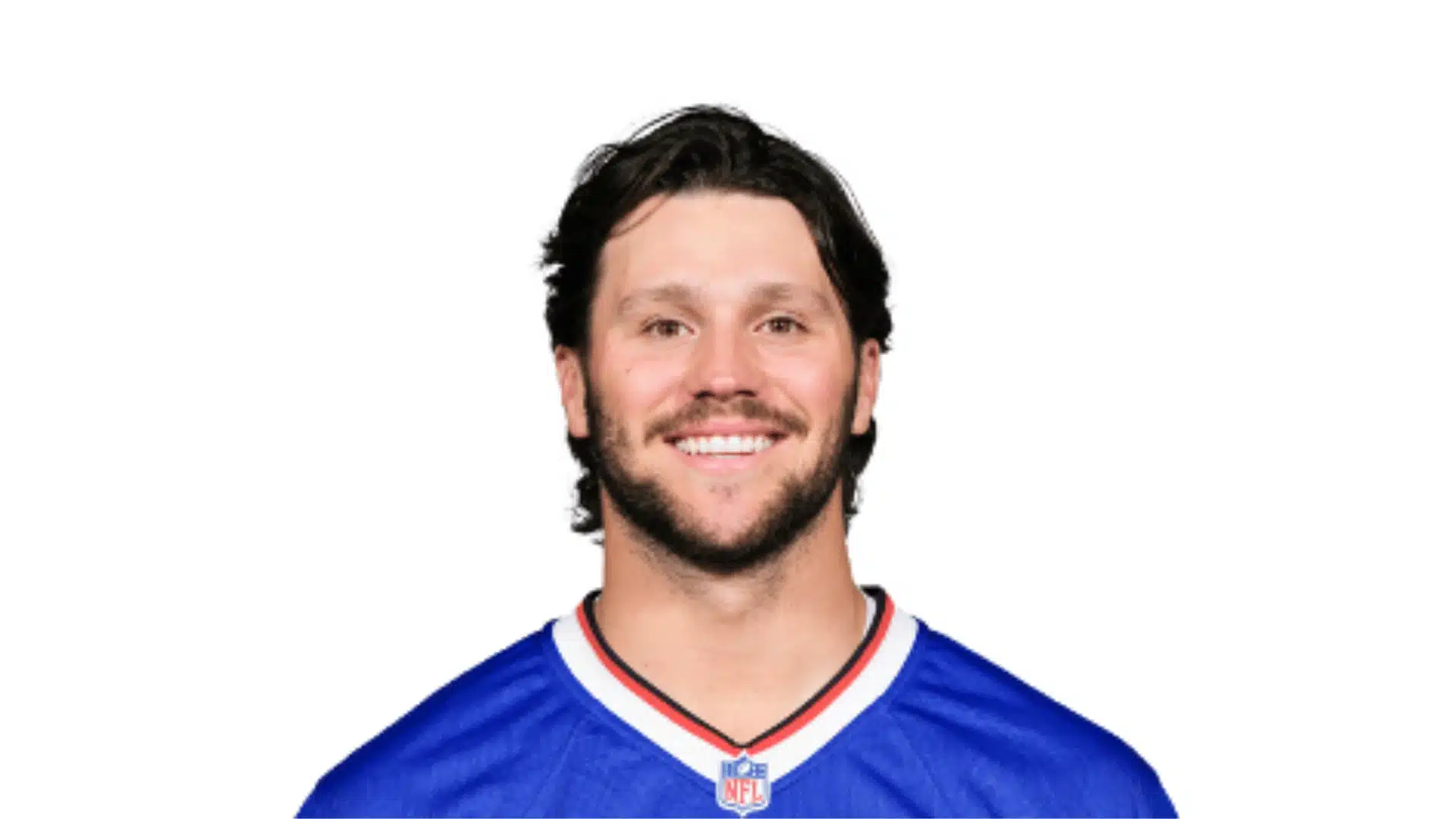 nfl headshot of buffalo bills quarterback josh allen smiling in a blue and red jersey