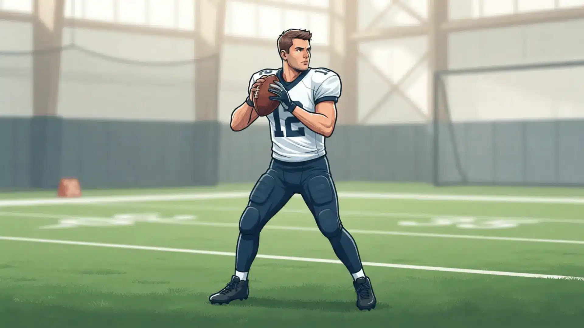 a football player in a white jersey holds the ball near his shoulder while preparing to pass indoors