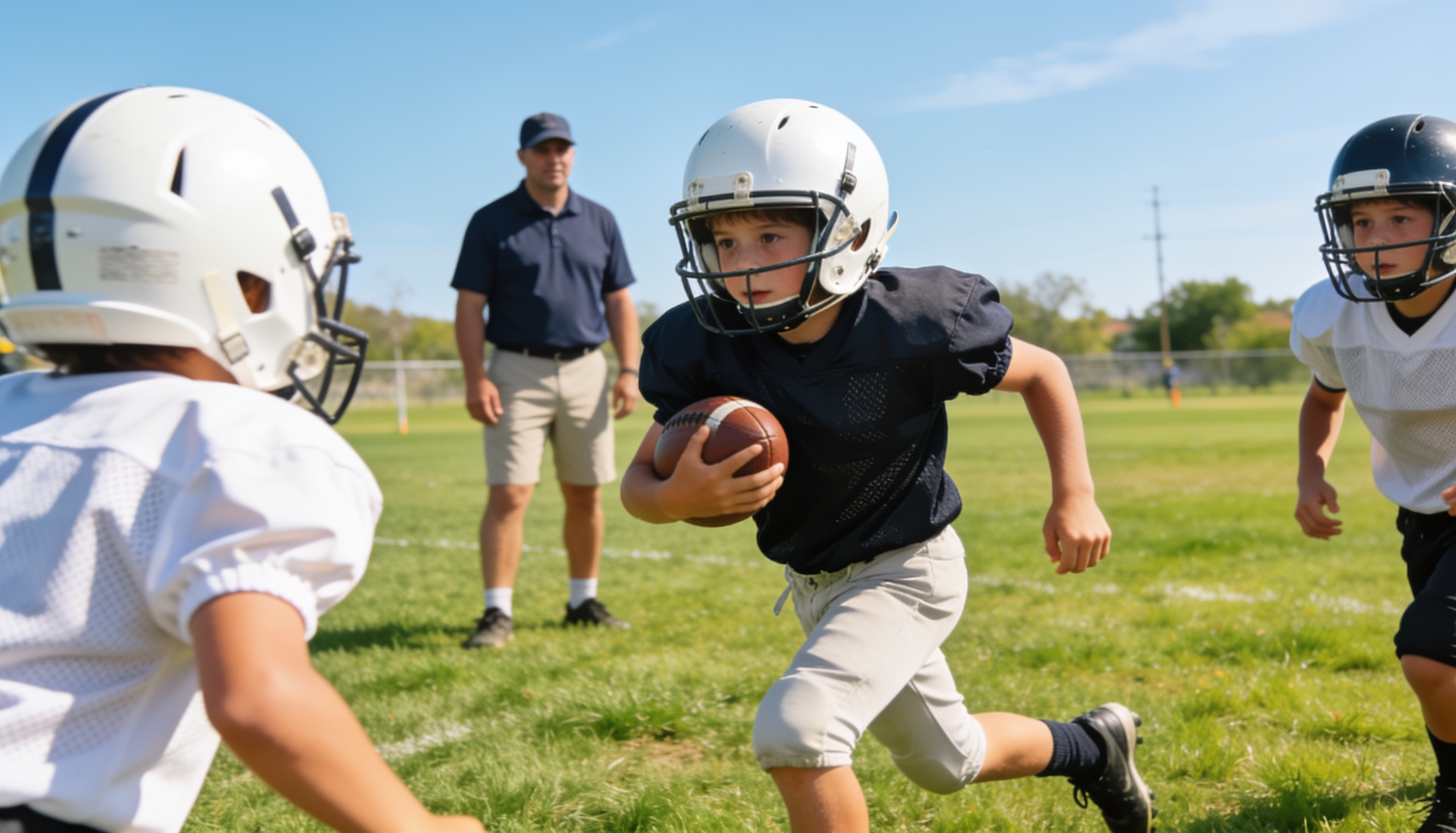 children playing football on a grassy field with one runner carrying the ball as teammates and defenders move around him