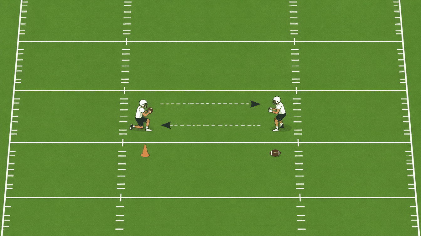 youth quarterback kneeling on one knee and throwing a short pass to a teammate