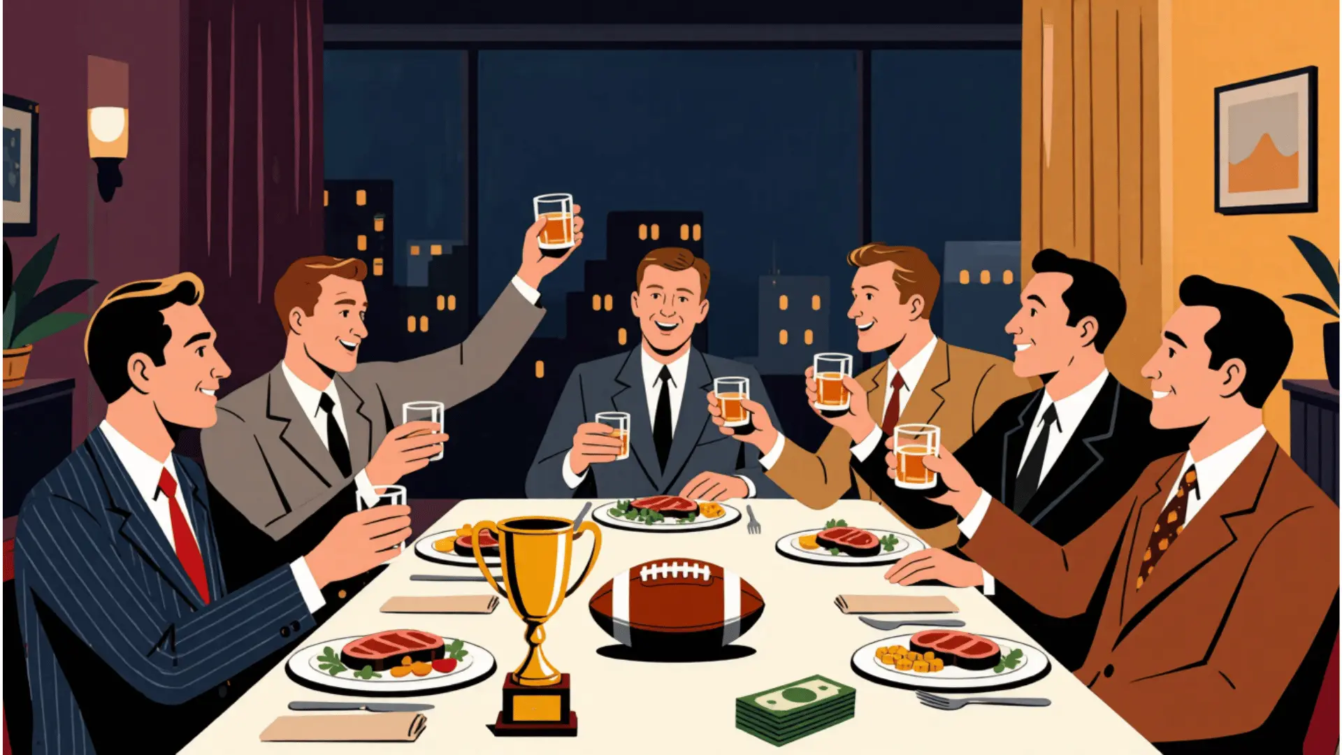 vibrant vector art of retro men toasting over a table decorated with an american football and blank trophy