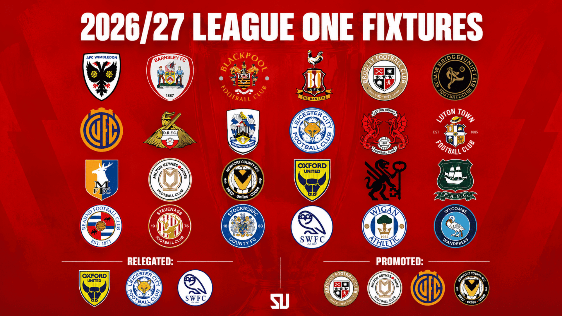 league one 2026 27 fixtures poster featuring club badges on bold red background