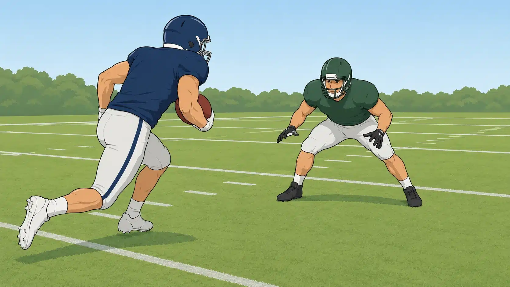 linebacker breaking down in open space as a ball carrier approaches during open field tackling drill