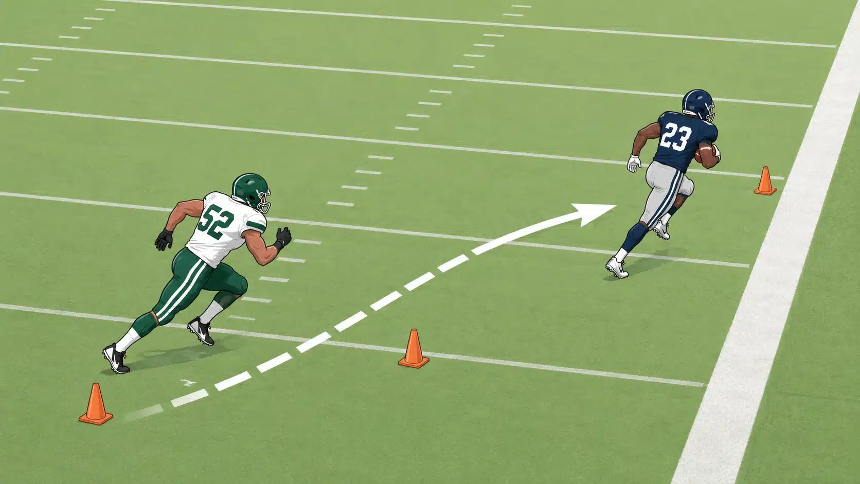 linebacker chasing ball carrier on a diagonal pursuit angle with cones and arrow showing the path